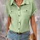 Lapel Shoulder Pleated Pocket Short Sleeve Top Shirt T-shirt Women - EX-STOCK CANADA