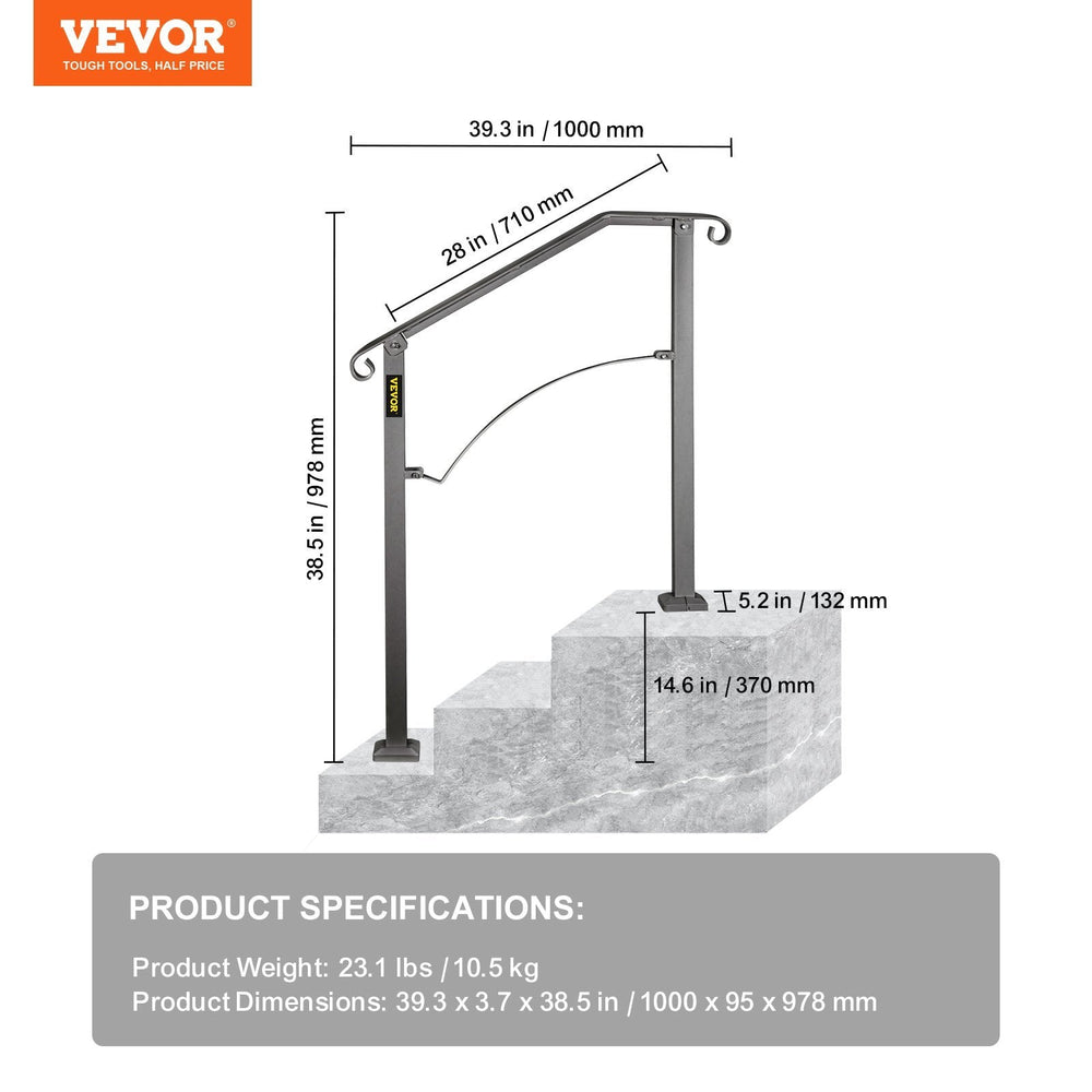 Handrails For Outdoor Steps, Fit 2 Or 3 Steps Outdoor Stair Railing, Arch 2 Wrought Iron Handrail, Flexible Porch Railing, Black Transitional Handrails For Concrete Steps Or Wooden Stairs EX-STOCK