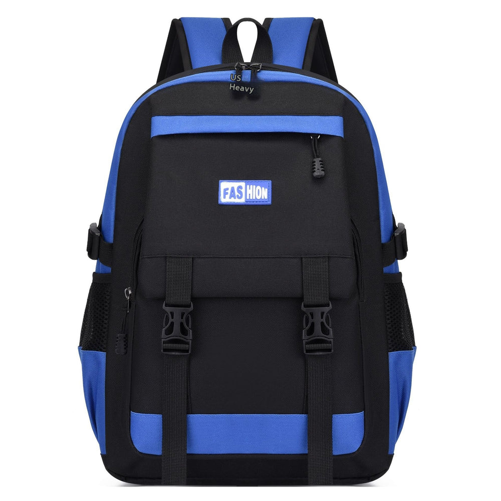 Black and blue backpack with 'Fashion' label on a white background