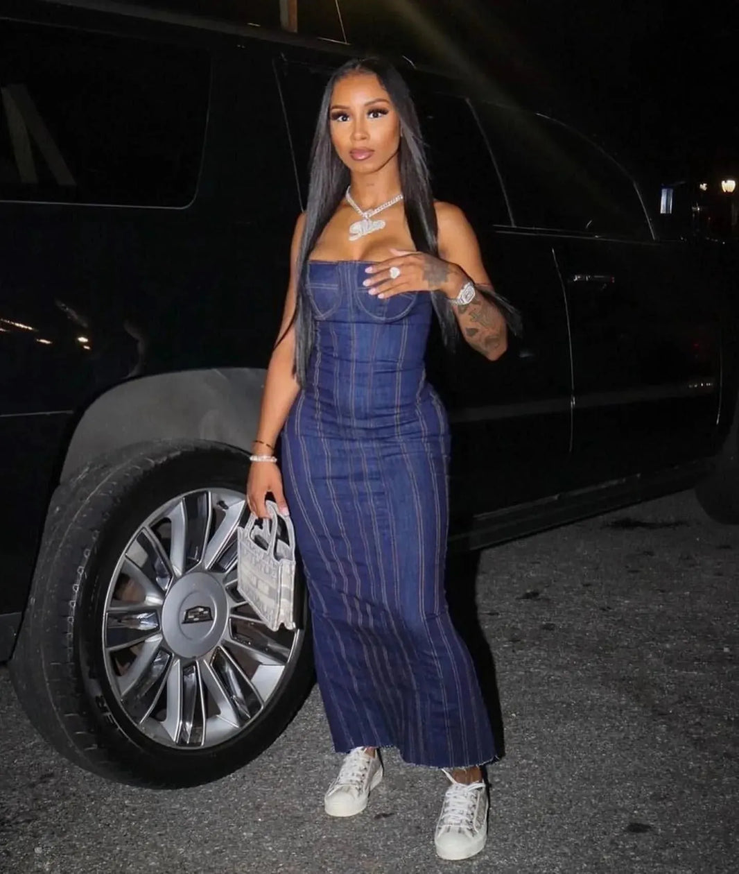 Fashion Strapless Tube Top Denim Long Fitted Jeans Dress
