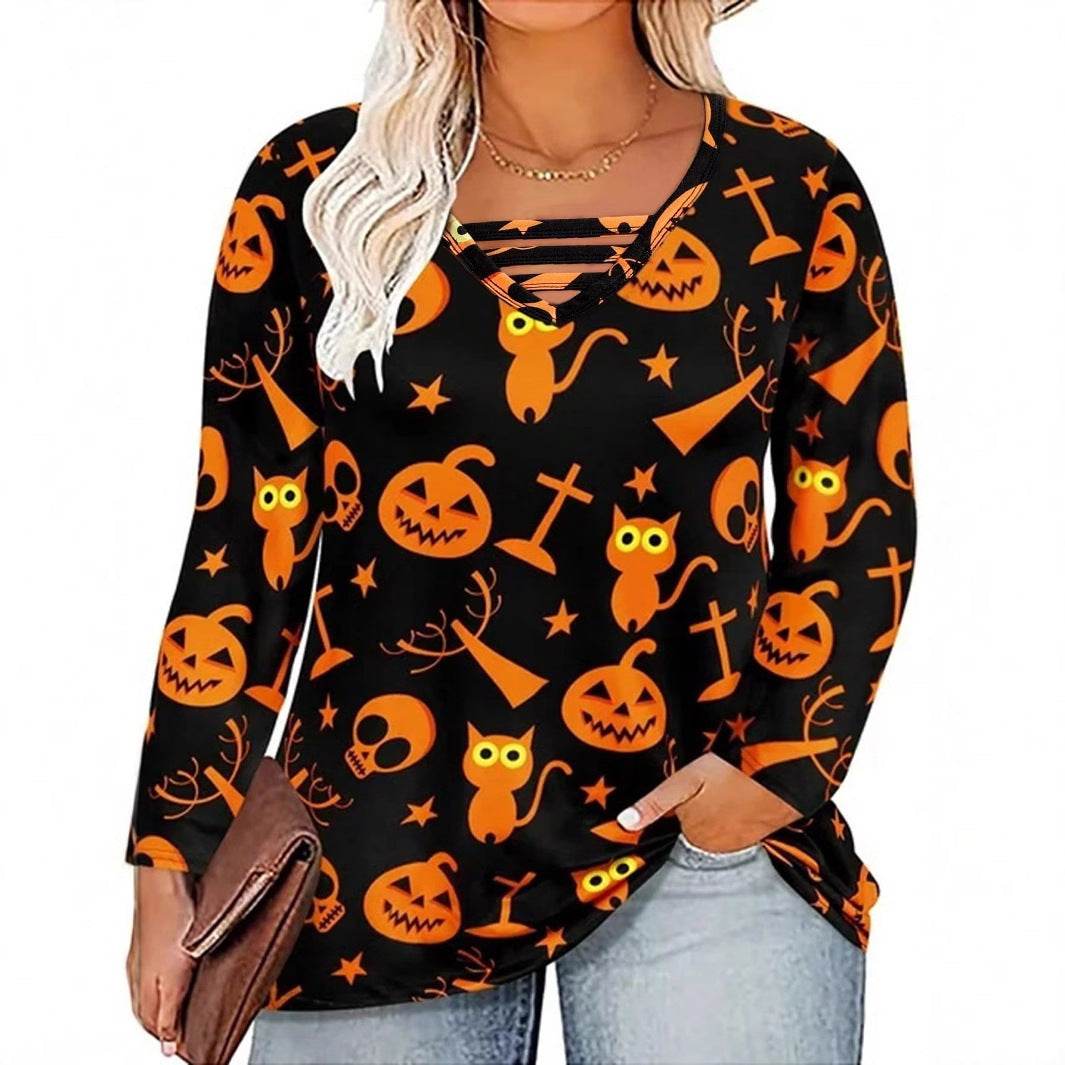 Digital Printing Halloween Round Neck Long Sleeve Plus Size T-shirt EX-STOCK