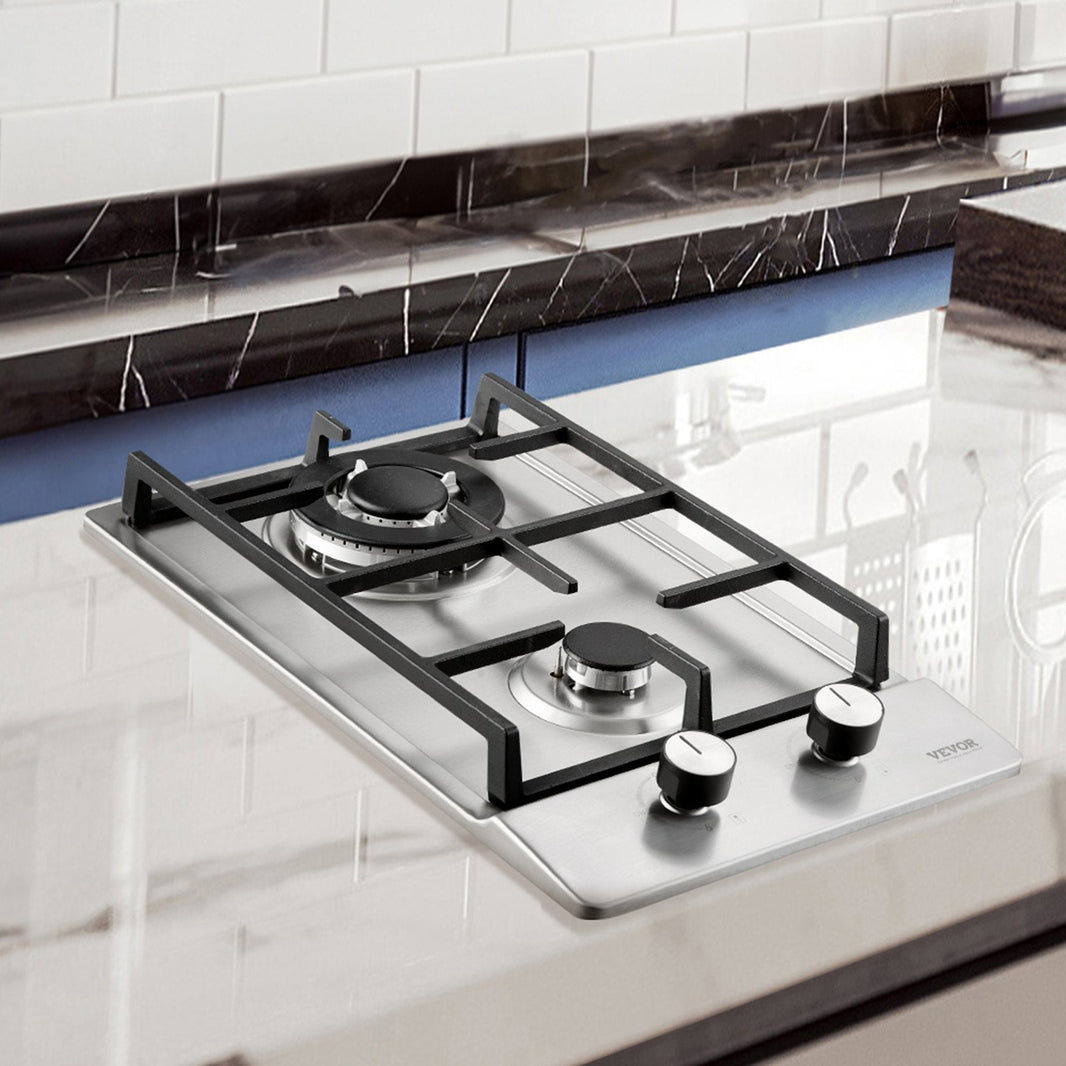 Gas Cooktop 12 Inch, Max 12250BTU 2 Burners Built-in Stainless Steel Gas Stove Top, LPG NG Convertible Dual Fuel Natural Gas Hob With Thermocouple Protection EX-STOCK