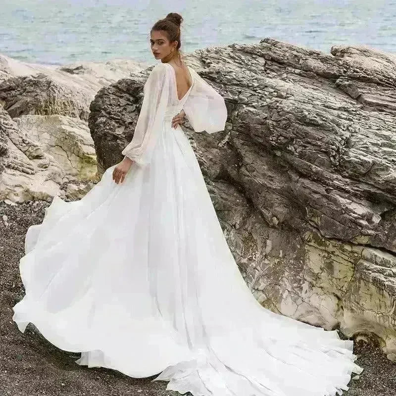 Beach Boho Wedding Dress Puff Sleeve V Neck Bridal Gown - EX-STOCK CANADA