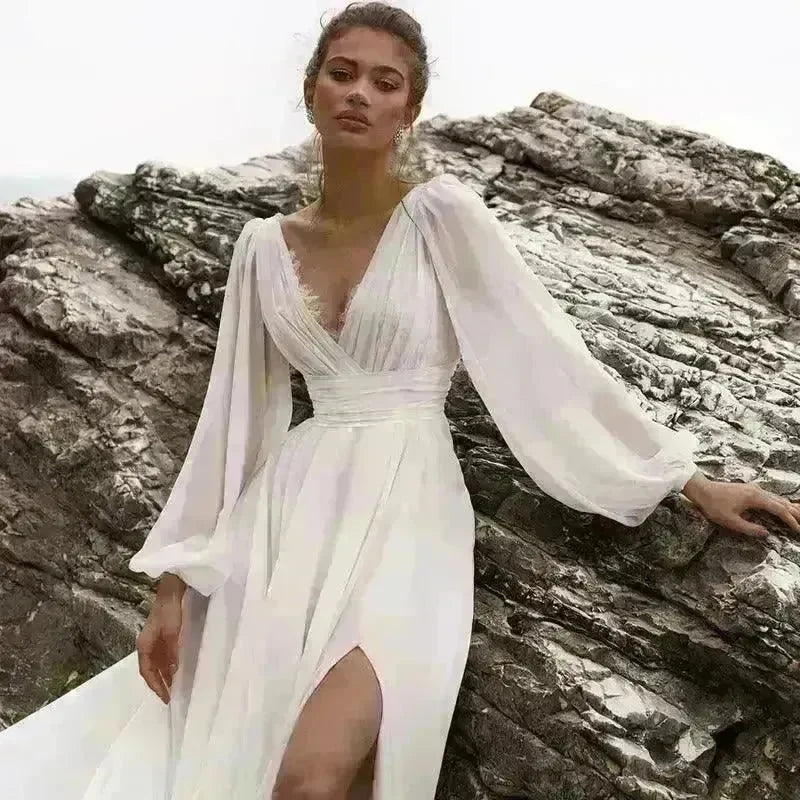 Beach Boho Wedding Dress Puff Sleeve V Neck Bridal Gown - EX-STOCK CANADA