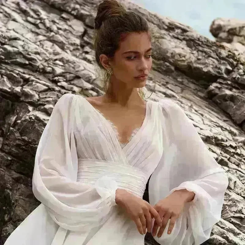Beach Boho Wedding Dress Puff Sleeve V Neck Bridal Gown - EX-STOCK CANADA
