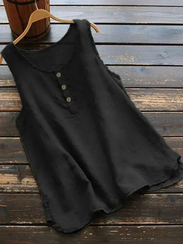 Solid Color Round Neck Loose Casual Vest Cotton Linen summer blouse top for Women - EX-STOCK CANADA