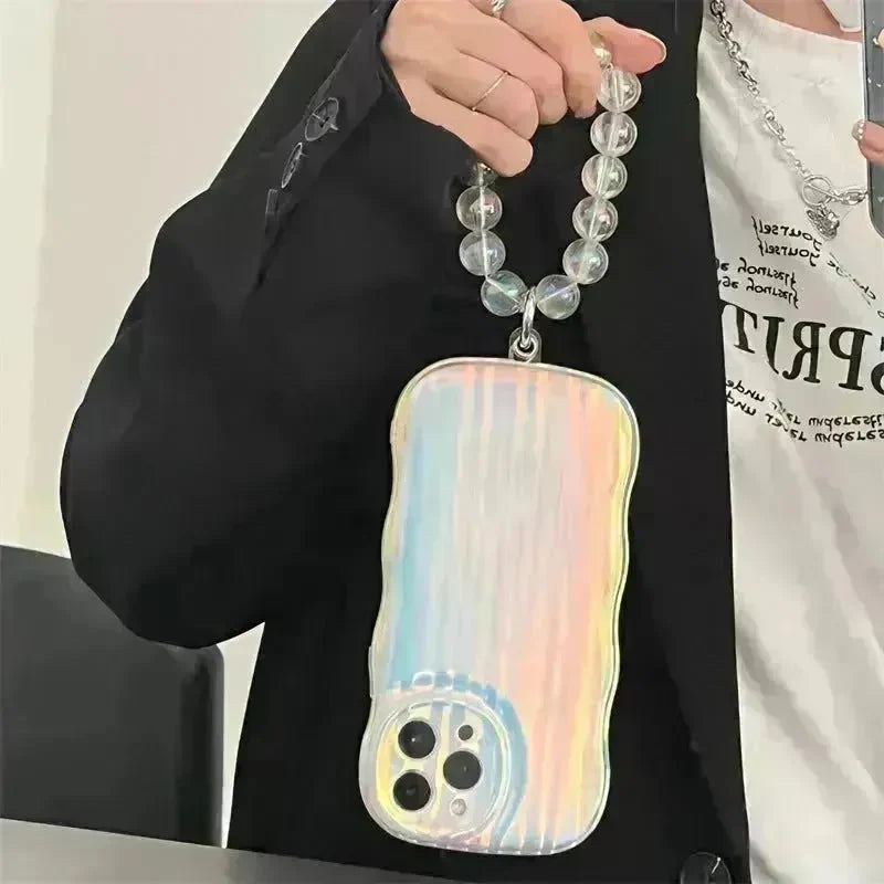 Laser Wave Silicone Phone Case Gradient Laser Stripes Bracelet Case For IPhone 14 13 12 11 Pro Max Plus Bead Chain - EX-STOCK CANADA