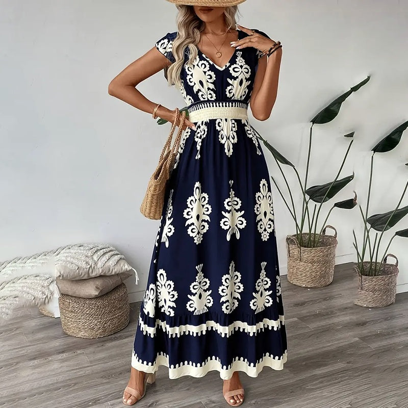 Women's Summer Flowy Maxi Dress Casual Cap Sleeve V Neck Smocked Waist Beach Sundress EX-STOCK