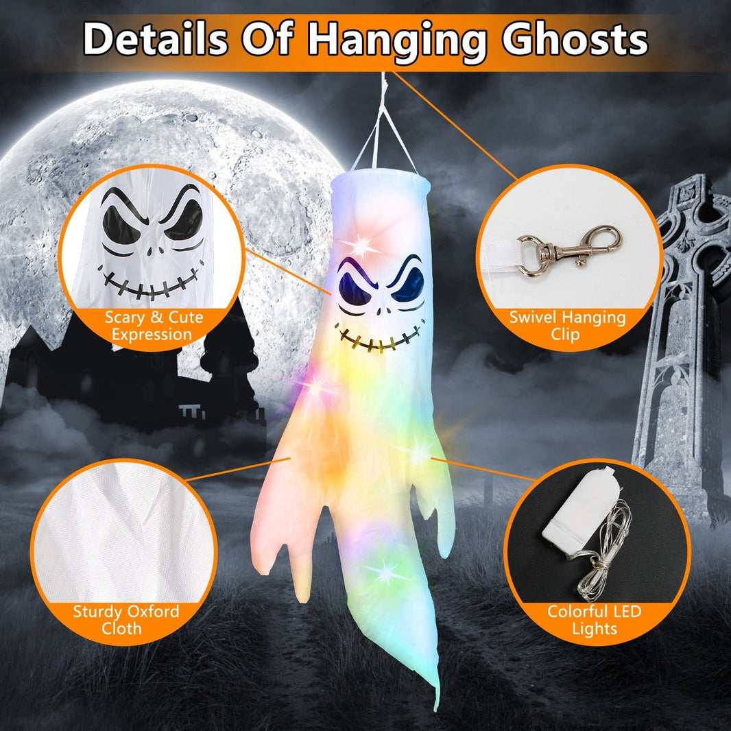 4Pcs Per Set Halloween Ghosts With Witch Hats Windsocks Hanging Decoration With Colorful LED Light Outdoor Flag Wind Socks Halloween Party Decoration For Yard Garden Tree EX-STOCK
