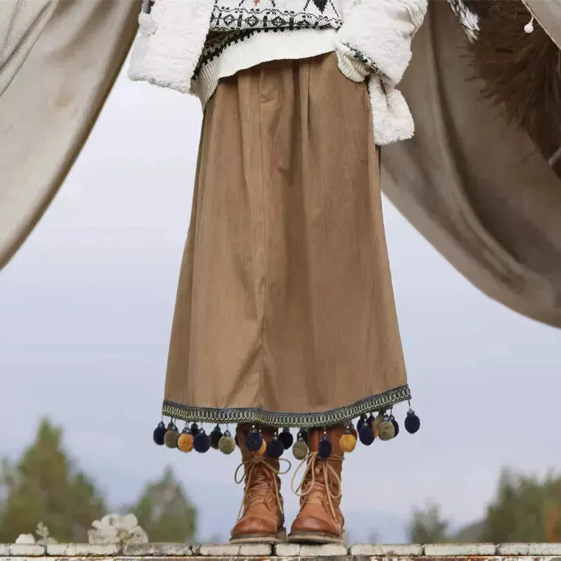 Corduroy Ethnic Style Fur Ball Stitching Brown High Waist Tassel Versatile Maxi Skirt - EX-STOCK CANADA