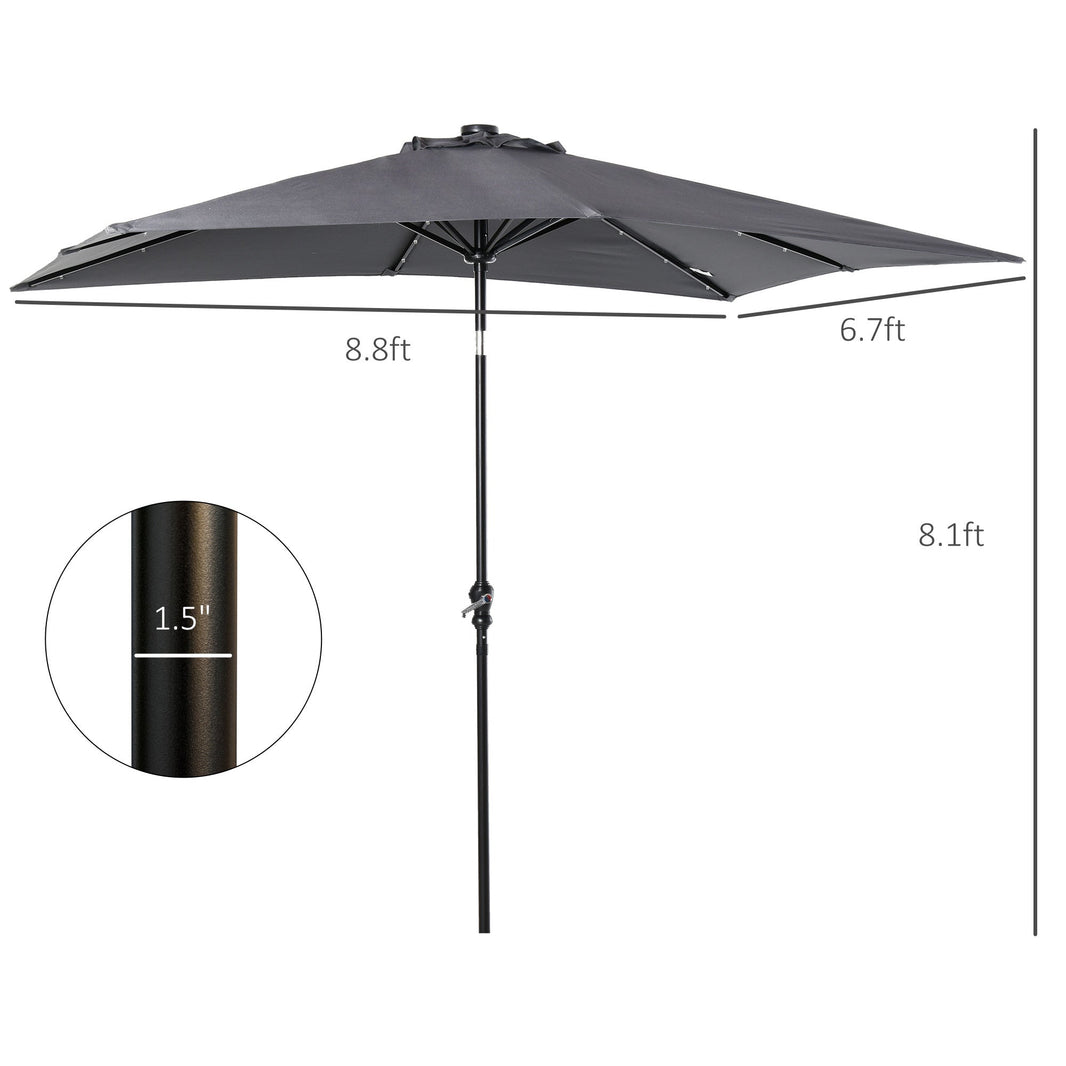 9 X 7 Ft Patio Umbrella Outdoor Table Market With Crank Solar LED Lights Tilt Button For Deck Dark Gray EX-STOCK