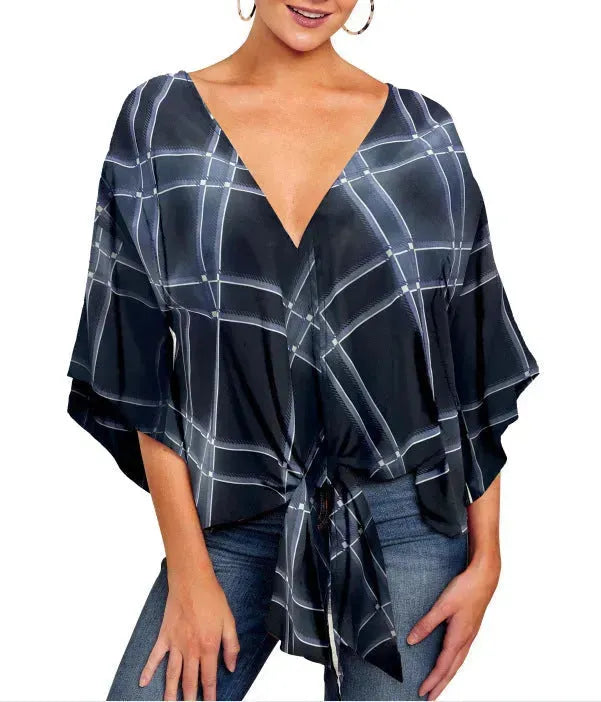New V Neck Blouse Women Leopard Print Floral Tie Front Blouses Batwing Summer Oversize Ladies Tops - EX-STOCK CANADA