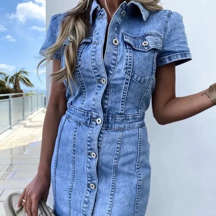 Stretch Mid Length Retro jeans Slim Single-breasted button down short sleeve Denim Dress - EX-STOCK CANADA