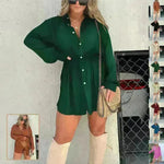 Elegant Women's Long Sleeve  Button down Shirt Dress  Fashionable Short Outfit Set Two piece Suit  Set