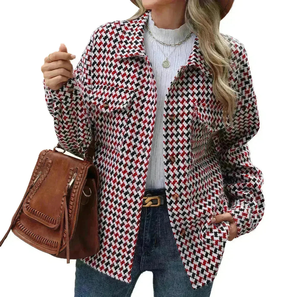 Casual Houndstooth Lapel Tweed Button long sleeve shirt tops for women - EX-STOCK CANADA