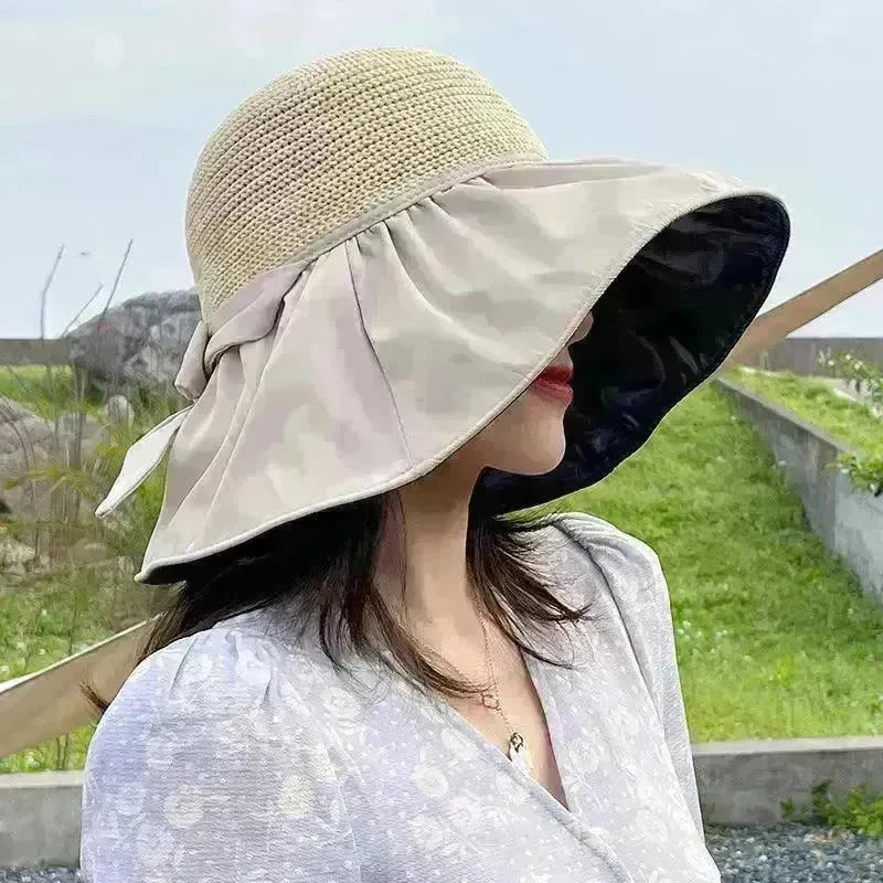 Black Rubber Beach Hat Sun Hat Female Summer Hollow Straw Hat - EX-STOCK CANADA