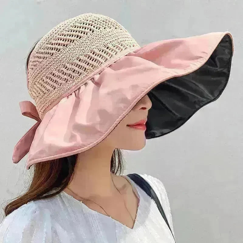 Black Rubber Beach Hat Sun Hat Female Summer Hollow Straw Hat - EX-STOCK CANADA
