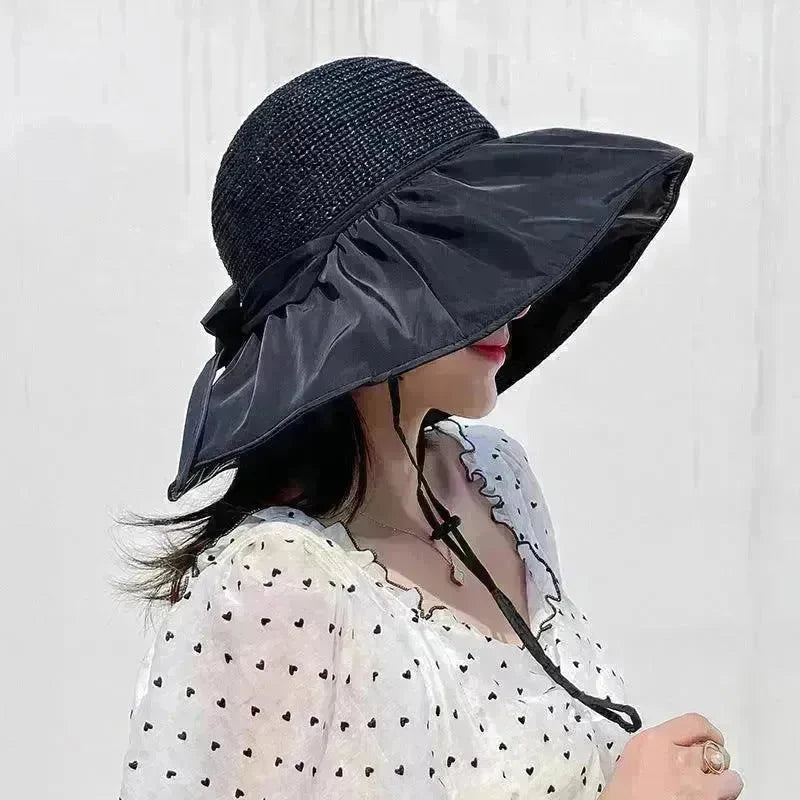 Black Rubber Beach Hat Sun Hat Female Summer Hollow Straw Hat - EX-STOCK CANADA