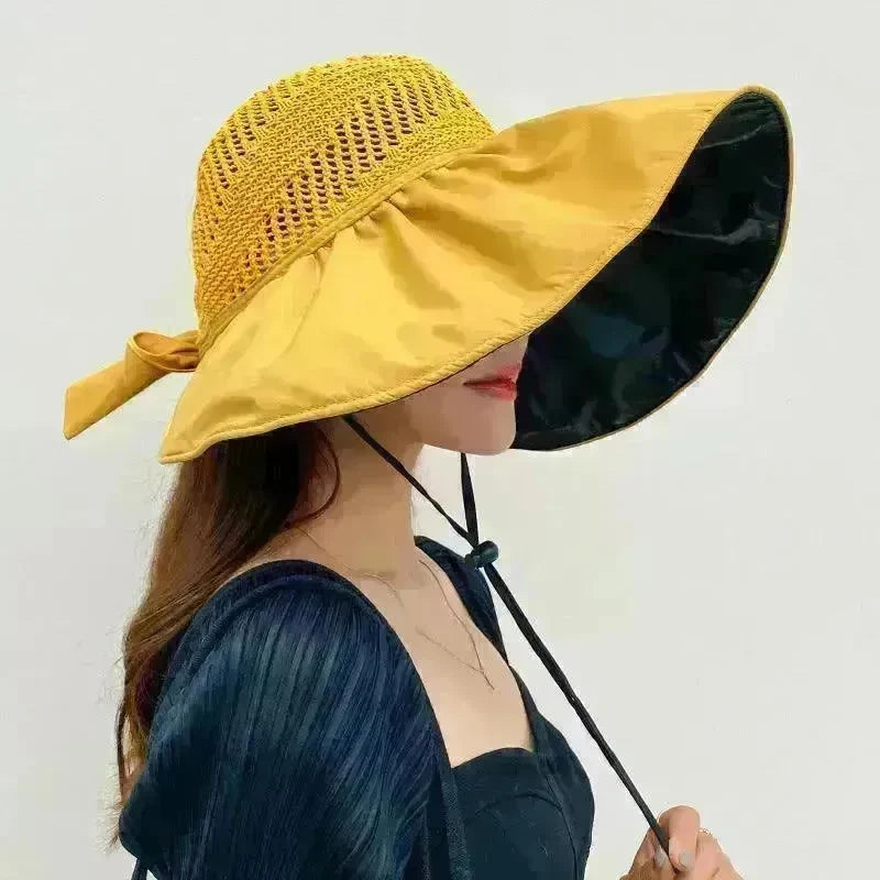Black Rubber Beach Hat Sun Hat Female Summer Hollow Straw Hat - EX-STOCK CANADA