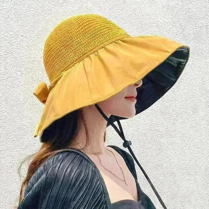 Black Rubber Beach Hat Sun Hat Female Summer Hollow Straw Hat - EX-STOCK CANADA