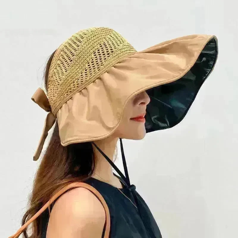 Black Rubber Beach Hat Sun Hat Female Summer Hollow Straw Hat - EX-STOCK CANADA