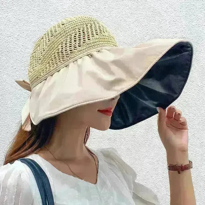 Black Rubber Beach Hat Sun Hat Female Summer Hollow Straw Hat - EX-STOCK CANADA