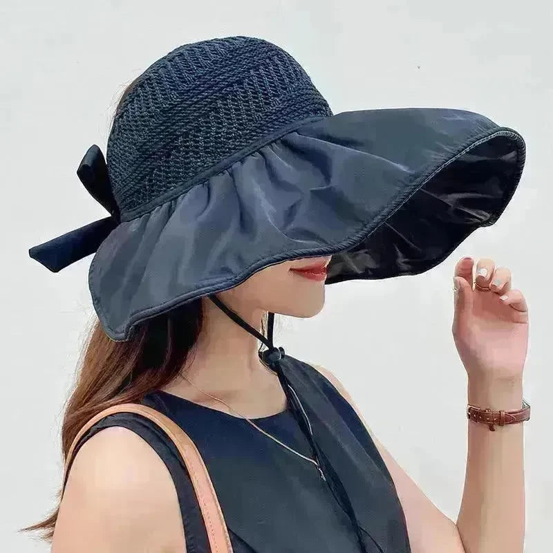 Black Rubber Beach Hat Sun Hat Female Summer Hollow Straw Hat - EX-STOCK CANADA