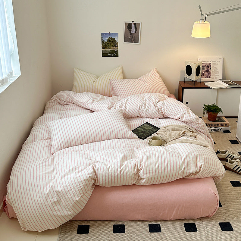 Cotton Yarn-dyed Washed Cotton Four-piece Set Full-cotton Fitted Sheet Non-printed Minimalist Bed Sheet Duvet Cover EX-STOCK Canada 