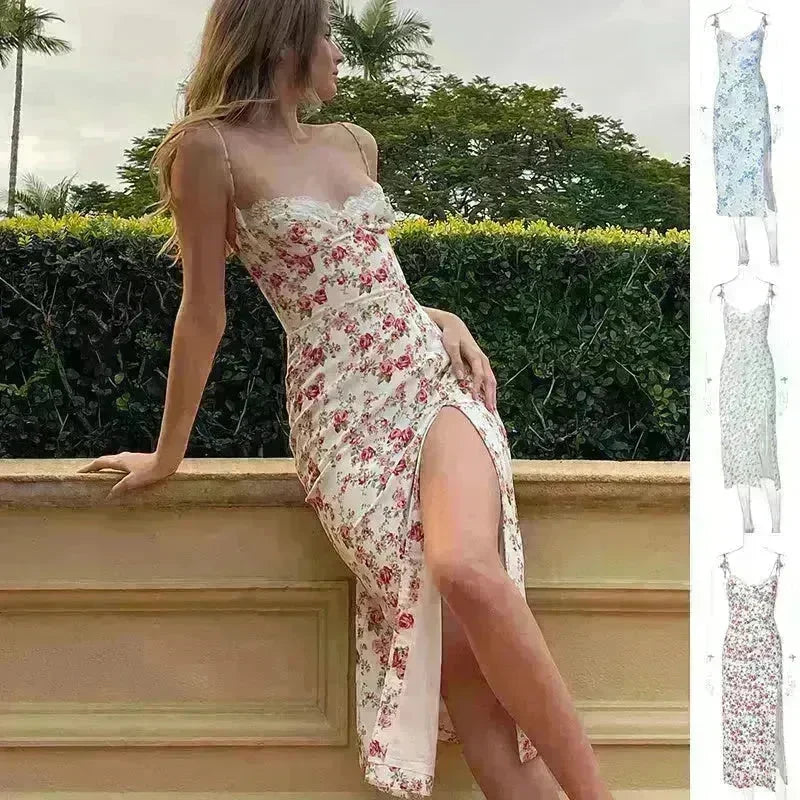Women's Floral Spaghetti Strap Cami Dress Lace Trim Side Slit Bodycon Midi summer Dress - EX-STOCK CANADA