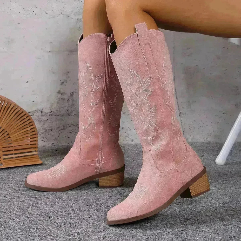 Women's Retro Pointed Toe Chunky Heel Solid Color Side Zipper Mid-calf Cowboy Boot - EX-STOCK CANADA