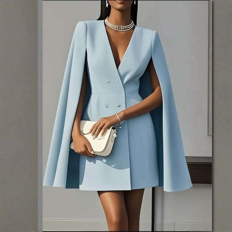 Women's Elegant Solid Color V Neck Double-Breasted Cape Blazer Dress Spring & Summer Party Banquet Outfit EX-STOCK