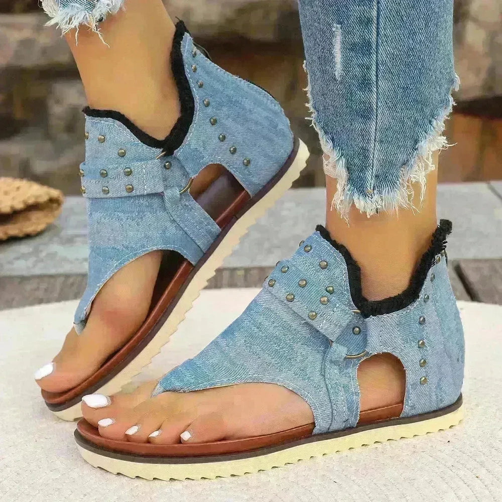 Denim Thong Sandals With Rear Zipper Summer Retro Beach Flat Sandals - EX-STOCK CANADA
