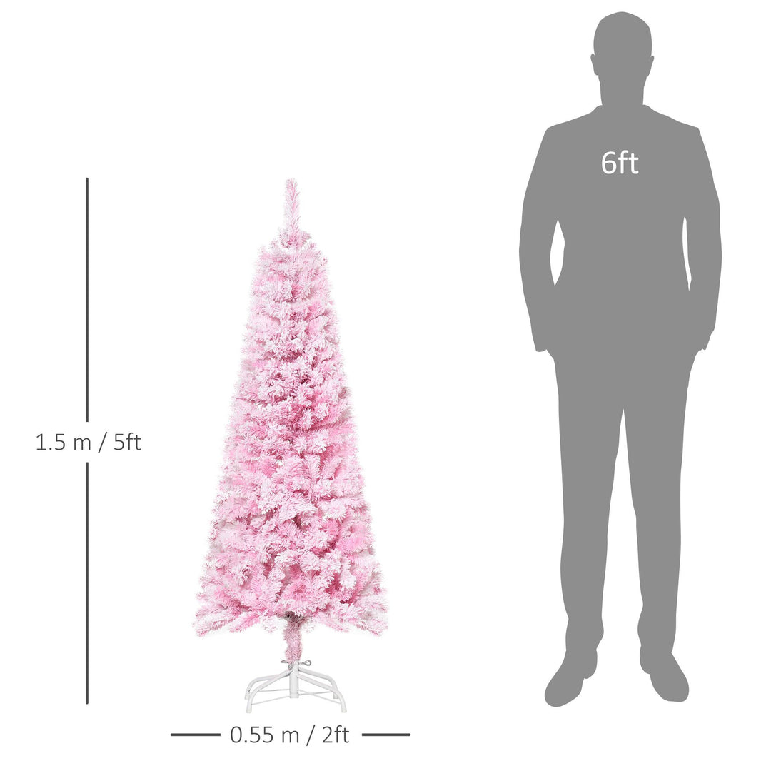 5 FT Snow Flocked Artificial Christmas Tree, Pencil Xmas Tree With Realistic Branches, Auto Open And Steel Base, Pink EX-STOCK Canada 