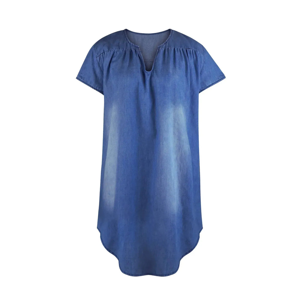 Round Neck Pleated Loose Solid Color Casual Plus Size Denim Dress - EX-STOCK CANADA