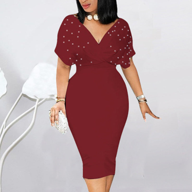 Women's Back Zipper dress Elegant Deep V Neck Wrap Bodycon Dress Pencil Midi Dress EX-STOCK
