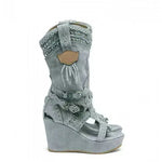 Fashion High Heel Canvas Denim Wedge  Sandals Hollow-out Women's Shoes