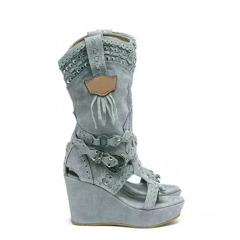 Fashion High Heel Teel Denim Wedge Sandals Scarpe da donna Hollow-Out