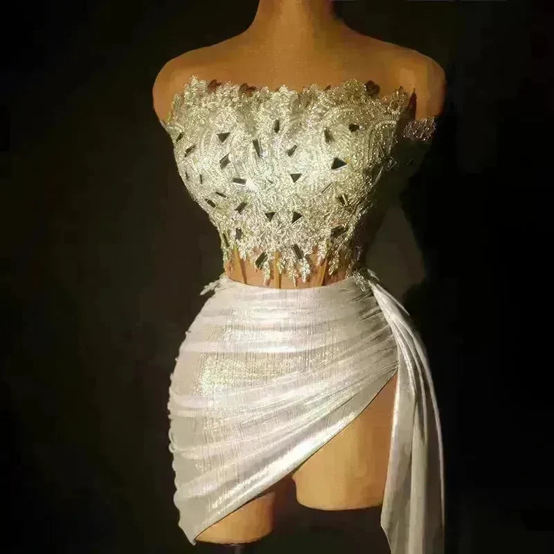 Strapless Tassle  Corset dress Women's Tube Top Rhinestone Chain Skirt Outfit for Evening party Cocktail event - EX-STOCK CANADA