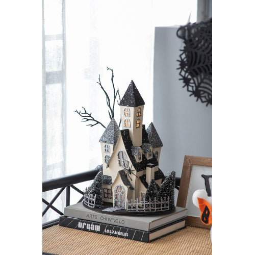 10x8.3x13.5 Cardboard Lighted Haunted House, Black Beige Tabletop Holiday Halloween Decor, Battery Powered EX-STOCK