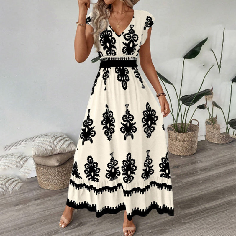 Women's Summer Flowy Maxi Dress Casual Cap Sleeve V Neck Smocked Waist Beach Sundress EX-STOCK