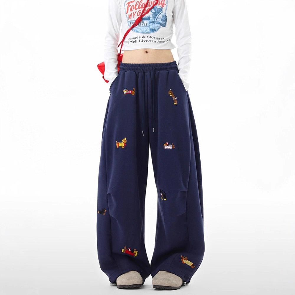 Lazy  Sausage Dog Embroidered Machete Sweatpants Autumn Loose Casual 