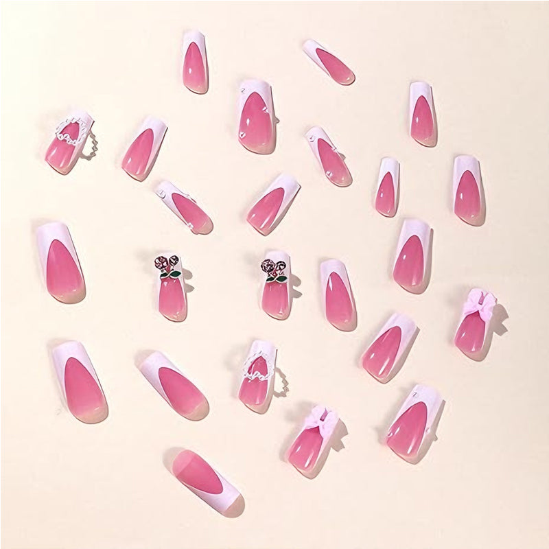 24 PCS Cherry Bow Nail Art, Long Length Long Water Pipe Fake Nails,Square Head Nail Tips False Nail EX-STOCK Canada 