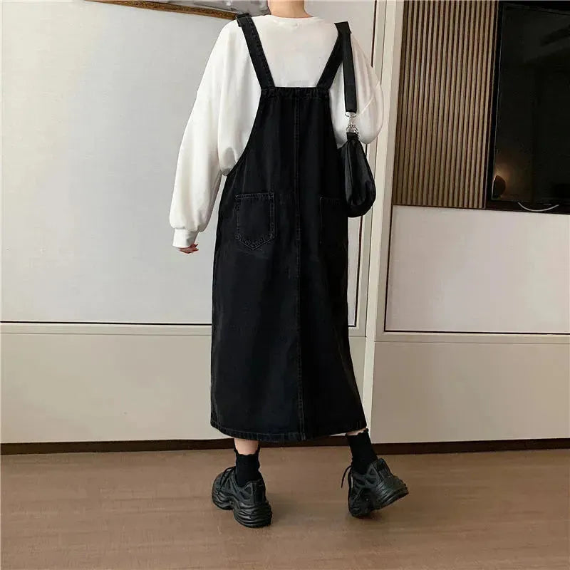 Student Denim Shoulder Strap Spring And Autumn Plus Size Mid-length Sling Black Denim Jumper Dress - EX-STOCK CANADA