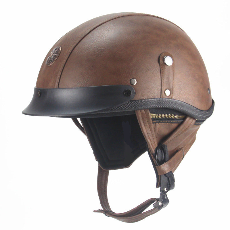 Retro Half-Face Leather Motorcycle Helmet – Black & Brown, S–XL