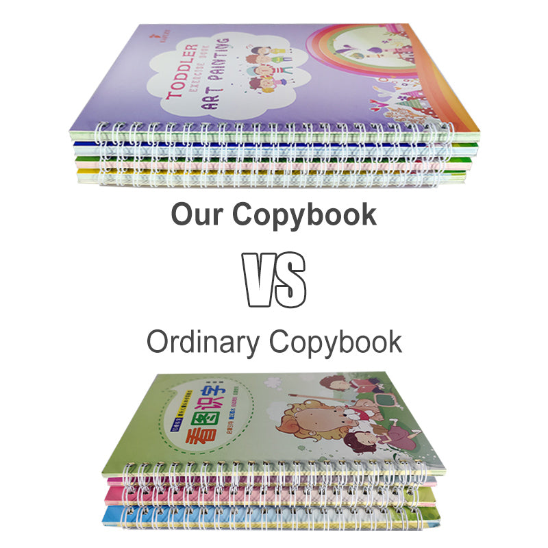 Two copybooks with colorful covers and text, labeled 'Our Copybook' and 'Ordinary Copybook'.