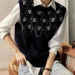 Cashmere Jacquard sin mangas con cuello redondo suéter de punto para mujeres