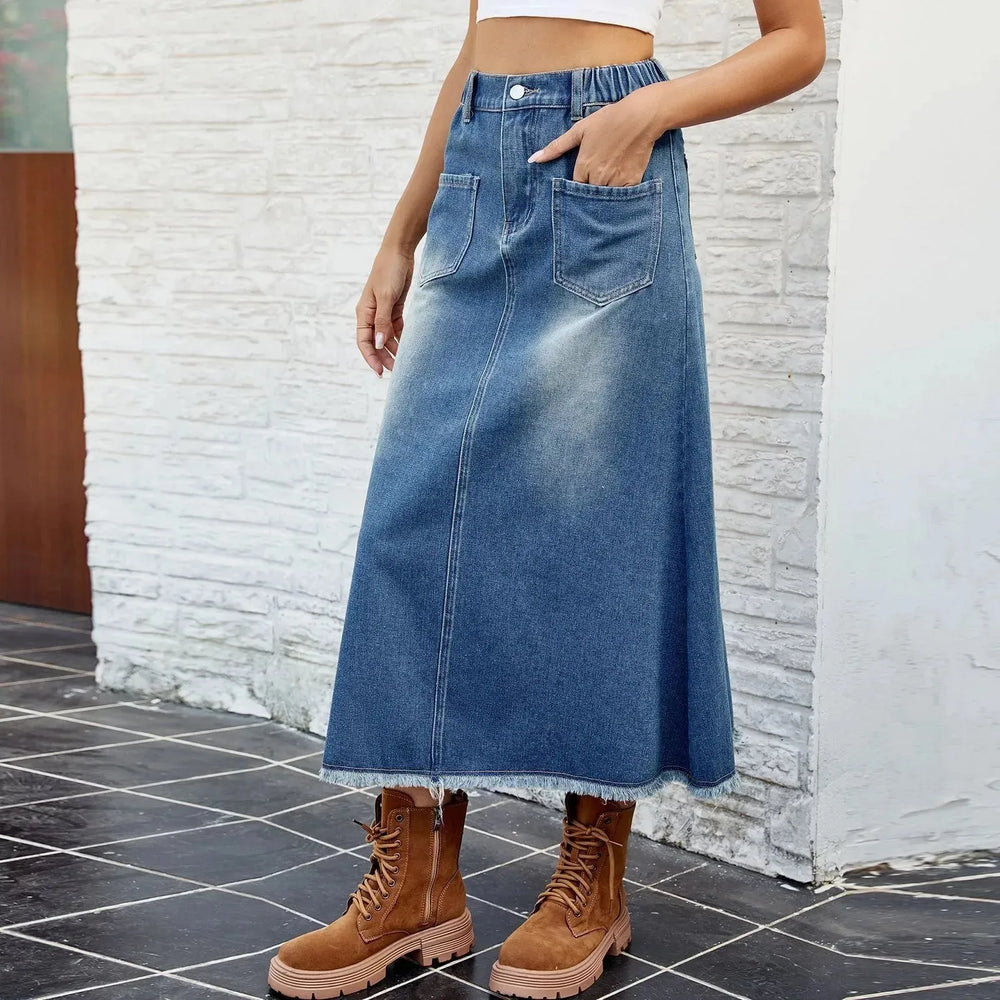 European And American Washed Frayed Hem Blue Denim Midi Skirt - EX-STOCK CANADA