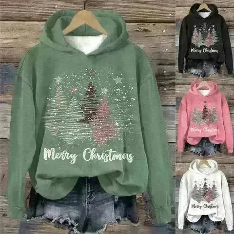 Round Neck Hooded Long Sleeve Four Christmas Trees Loose Hoodie Sweatshirt - EX-STOCK CANADA