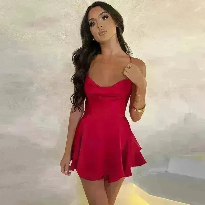 Elegant Chic Skirt Dress For Women Elegant Slim Strap Satin Backless Lace Up Ladies Party Mini Skater Dress - EX-STOCK CANADA