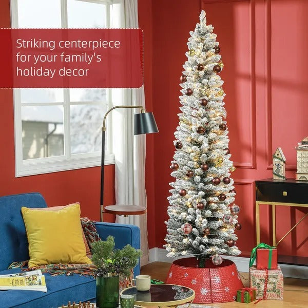 7ft Artificial Prelit Christmas Tree With Warm White LED Light, Snow Flocked Branches, Metal Base, Pencil Xmas Tree EX-STOCK Canada 